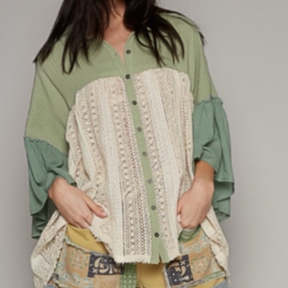 POL top frayed edge crochet Shacket long sleeves button down NWT Boutique - Picture 4 of 11